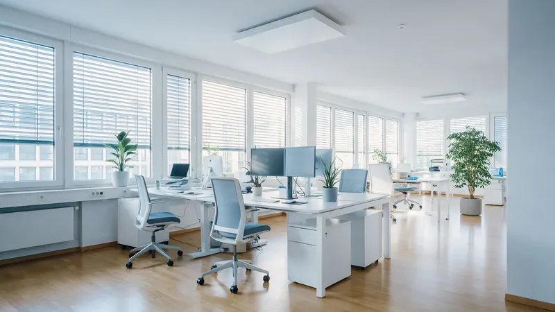 Heller Büroraum mit Parkettboden, aufgeräumten Arbeitsplätzen und grossen Fenstern am Morgen